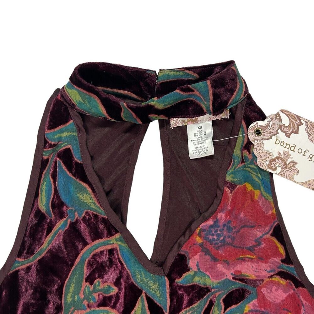 NWT Band of Gypsies Floral Velvet Halter Mini Dress Burgundy Plum XS Earthy Rose - Picture 3 of 16
